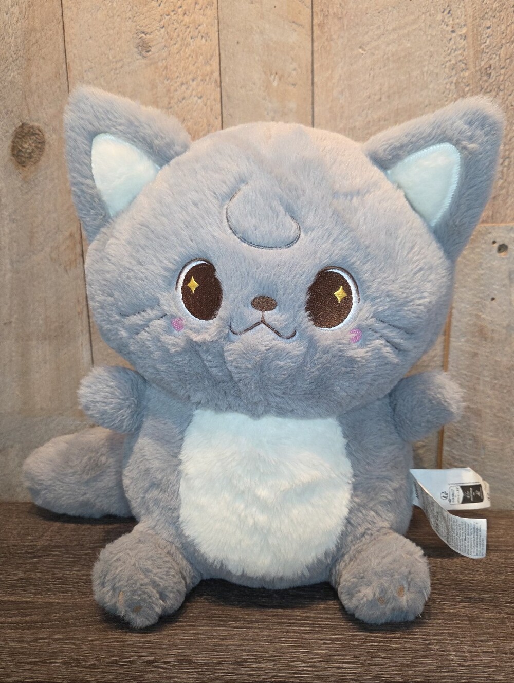 Miniso Desert Star Gray Cat Plush 14" Stuffed Animal Round Kitten Sparkle Eyes